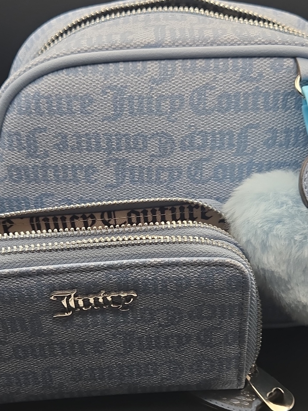 Juicy Couture Light Blue Logo Crossbody Bag with Pom Pom And Wallet
